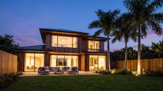 Luxury Modern Home Exterior at Dusk with Palm Trees and Outdoor Seating.