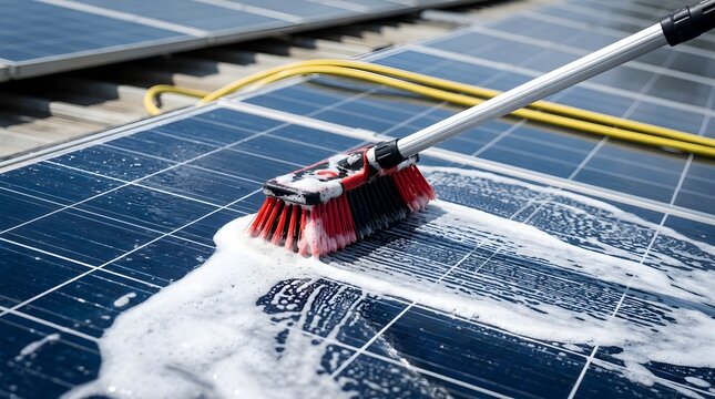 Professional maintenance of photovoltaic solar panels using a brush and soapy foam on a house roof.