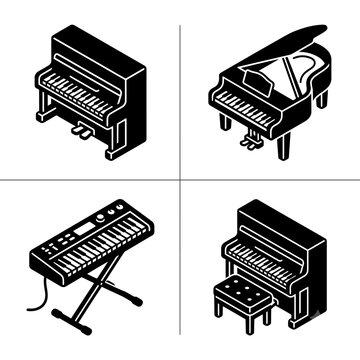 Isometric black and white piano illustrations: upright, grand, electronic, and spinet designs