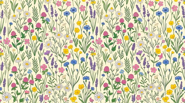 Seamless pattern of colorful wildflowers and herbs on beige background