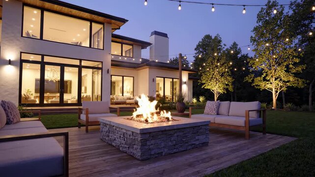 Luxury modern house backyard patio with fire pit and string lights at dusk.