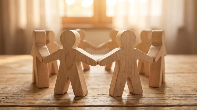 Wooden figures in circle holding hands against warm backlit sunlight symbolizing unity and teamwork