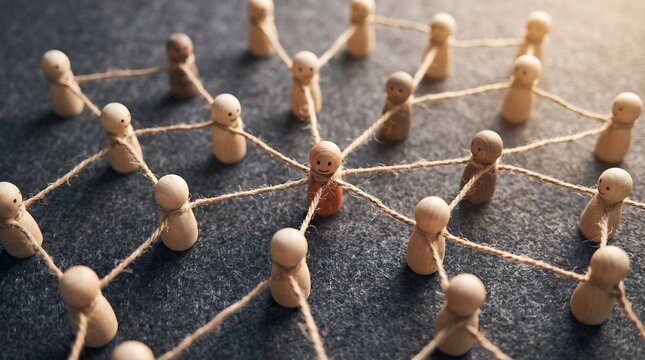Wooden peg figures connected by string on textured surface with warm light