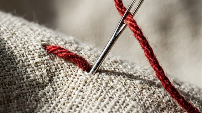 Red thread passing through a silver needle eye into natural linen fabric