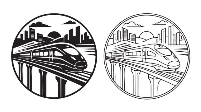 bullet train on monorail track black silhouette with line art vector design