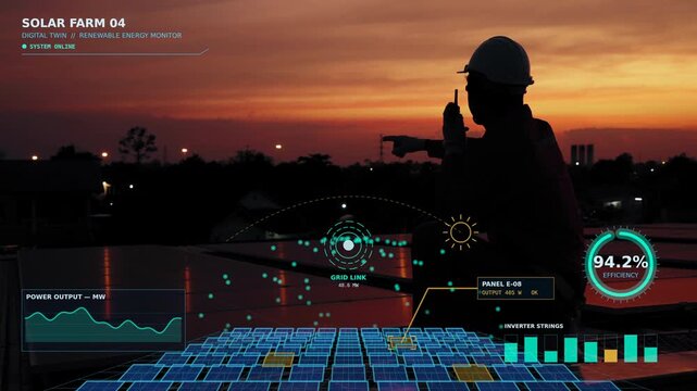 Solar farm engineer technician in silhouette using digital twin AR HUD at sunset. Real-time smart grid monitor, performance data, and solar panel energy production metrics visualization overlay