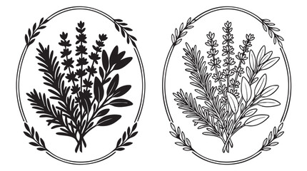 botanical arrangement of herbs in black silhouette with line art vector design © Shamsul