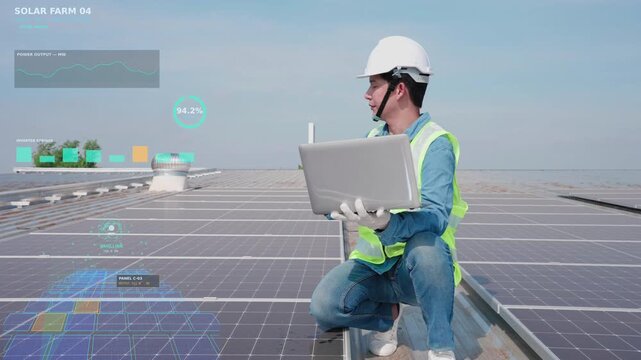 Asian male solar panel engineer in hard hat using laptop on factory roof with digital smart HUD overlay analyzing real-time photovoltaic energy output and system performance data