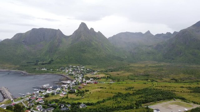 Aerial view of Mefjordvaer village and fjord from Knuten trail in Senja Norway