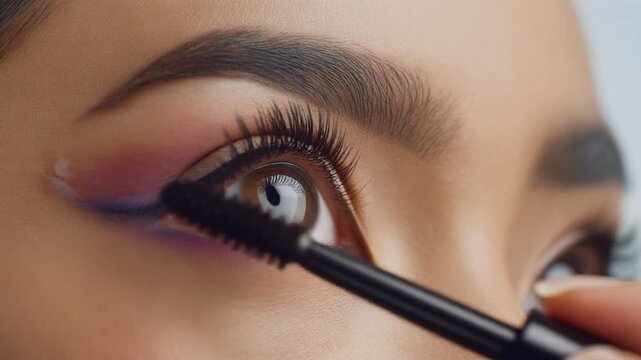 Cinematic macro shot of a female eye with vibrant makeup applying professional mascara, concept of cosmetics and precision beauty