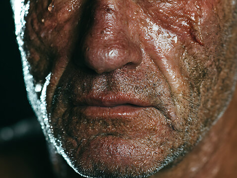 The former boxer's face after a fight, highlighting the wrinkles