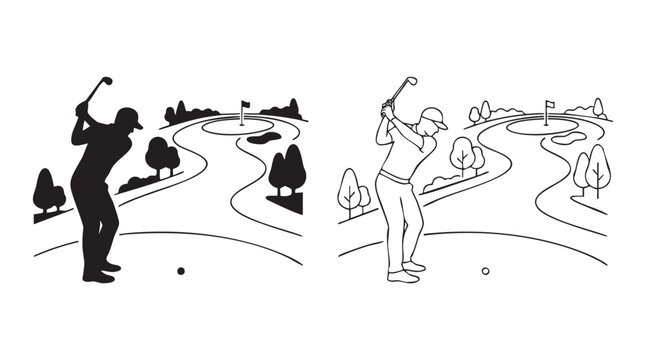 golfers playing on a course with black silhouette and line art vector design black black silhouette with line art vector design