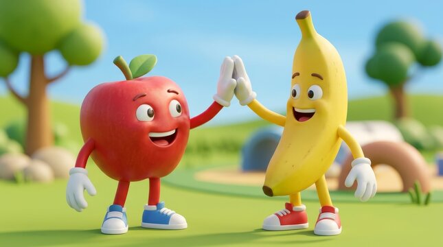 Fruity Friends High Five: A cheerful apple and a smiling banana share a high-five on a sunny playground, embodying fun and friendship in a vibrant, animated scene.
