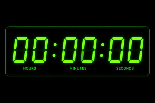 Green digital clock showing zero time. Electronic timer with glowing digits as countdown symbol for Green Monday sale. Concept of deadline, urgency and limited time offer for shopping.