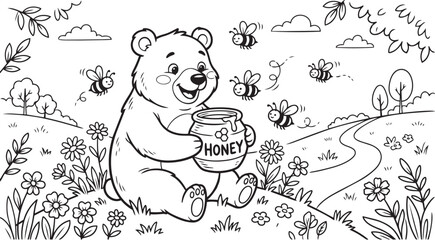 Cute Bear Holding Honey Pot Coloring Page – Black and White Forest Animal Outline Illustration for Kids © syed