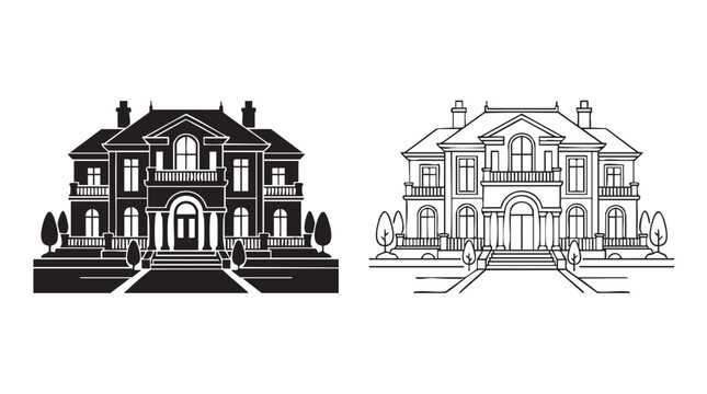 mansion exterior black silhouette with line art vector design