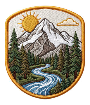 embroidered mountain landscape with snowy peaks, pine forest, winding river and rising sun