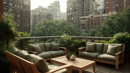 Fototapeta premium Rooftop Terrace with Comfortable Outdoor Seating and Cityscape View.