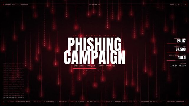 Phishing Campaign text overlay on digital dark red matrix binary code background, cyber security threat alert, malware data breach, social engineering attack concept, Background Loop