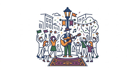 Fototapeta premium Street musician performing for happy crowd illustration.