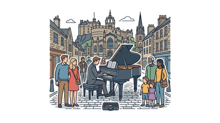 Street musician playing grand piano in city square. © kan