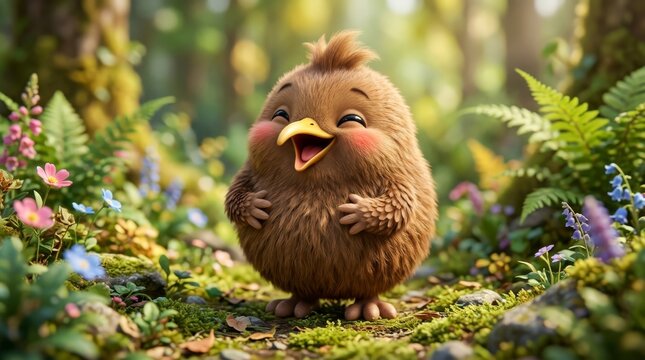 Joyful Fuzzball: A fluffy, cartoonish chick with wide eyes and an infectious grin stands in a vibrant, sun-dappled forest clearing, surrounded by lush greenery and delicate wildflowers. Its small.