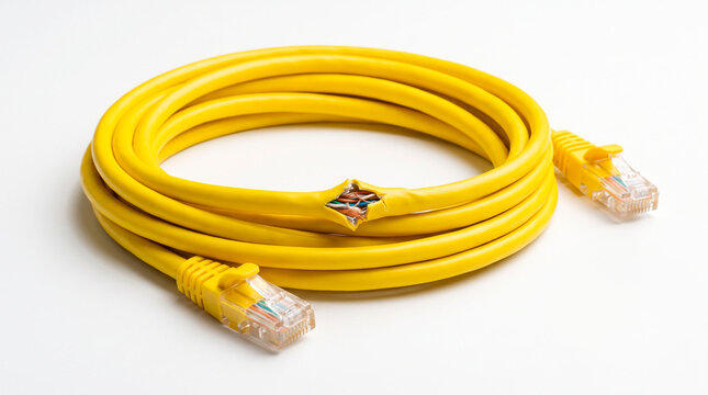 Twisted RJ45 network patch cable with clearly visible damage  