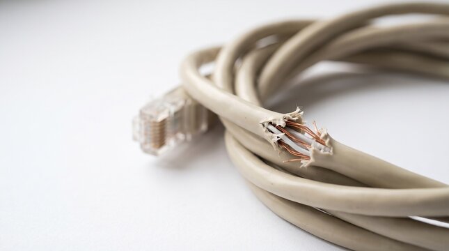 Damaged Ethernet cable with exposed wires on white background  