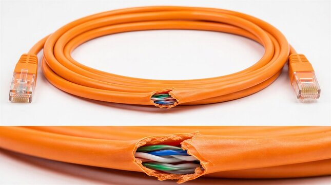 Damaged orange Ethernet cable with exposed internal wires  