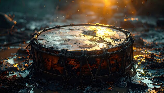 Old Worn Drum Sitting in Muddy Puddle Reflecting Golden Sunlight, Rainy Atmosphere