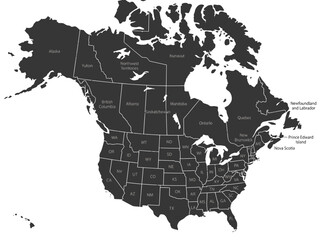 Fototapeta premium North America Map with US States and Canada Provinces Dark Minimalist Style