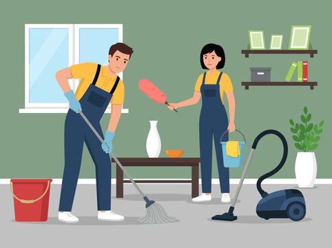 Professional Cleaning Service Team Working in Modern Living Room Illustration