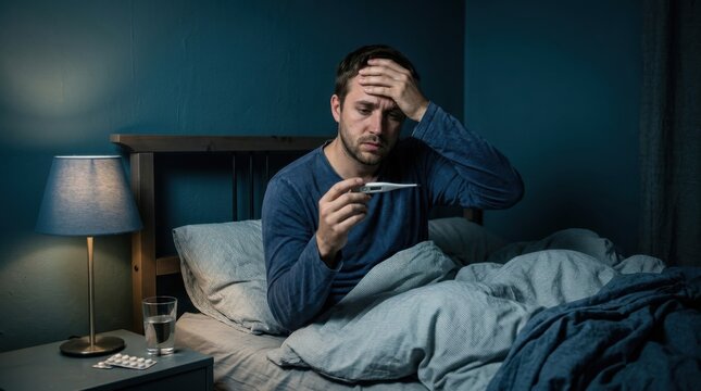 Man Sick In Bed With Fever Holding Thermometer Feeling Unwell At Night