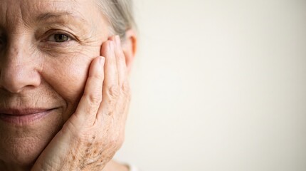 Fototapeta premium Extreme close-up of mature womans hand resting on her own cheek, silver hair and natural aging skin with copy space