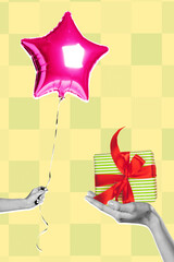 Obraz premium Happy birthday party with a star balloon and a gift box being held by hands