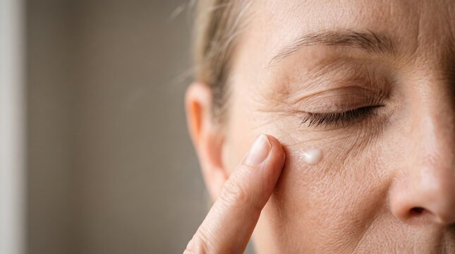 Extreme close-up of fingertip applying eye cream under closed eye, mature skin detail with fine lines and copy space