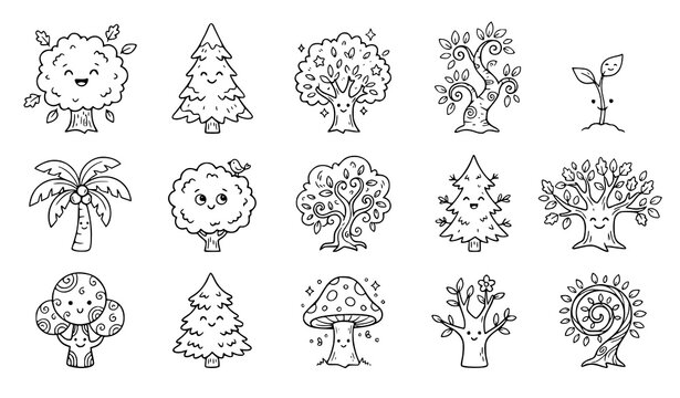 Set of cute hand drawn cartoon trees and plants with happy faces in black and white line art style
