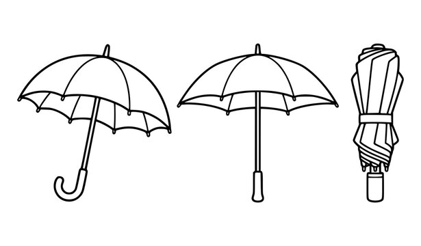 A collection of three simple black and white line art illustrations showing open and closed umbrellas for weather design
