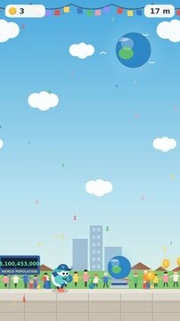 World population runner game interface, featuring cute character running, collecting coins, digital population statistics counter, global community, and earth globe graphics, Vertical