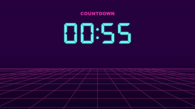1 Minute Countdown Synthwave Retro Grid Neon Timer Magenta Cyan Digital Loop Animation