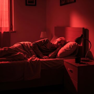 Man Sleeping Under Dramatic Red Light In Bedroom At Night