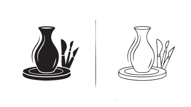 black silhouette with line art vector design of pottery vase on potter wheel with brushes