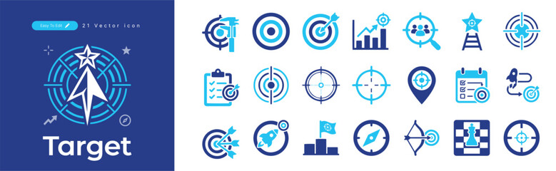 Business Target Icon Set. Featuring Bullseye Arrow, Goal Achievement, Focus Objective, Strategy Chess Rook, Compass Navigation, Marketing Audience, and Success Award Vector Elements © Mahatab Pixel