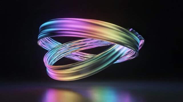 Macro 3D render of twisted chrome ribbons featuring iridescent holographic neon gradients and colorful reflections on a black background with shallow depth of field.