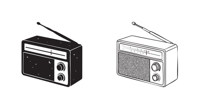 black silhouette with line art vector design of retro transistor radios