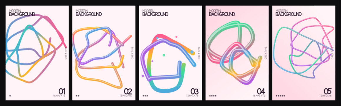 Abstract 3D scribbles background set, 5 colorful fluid line art posters, vibrant gradient doodle vector collection for creative branding