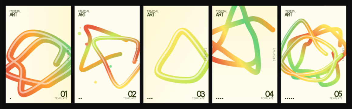 Abstract fluid 3D line art poster set, gradient wavy wireframe shapes on 5 vertical layouts, modern minimalist aesthetic for gallery exhibitions