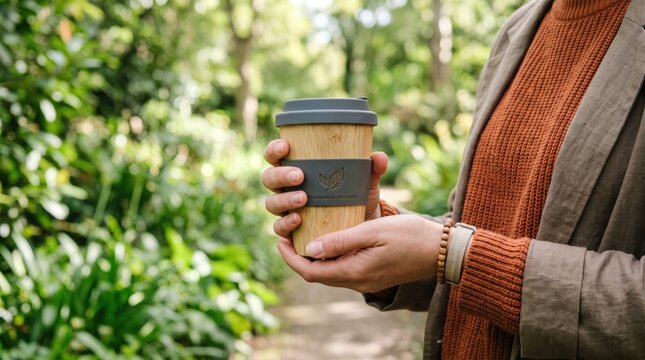 Woman holding bamboo reusable coffee cup with silicone sleeve, forest nature, sustainable eco-friendly lifestyle, zero waste, outdoor greenery, autumn sweater, bracelet accessory