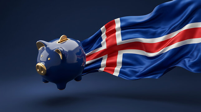 Symbolic depiction of financial security and national pride with a piggy bank and Iceland flag flowing dynamically