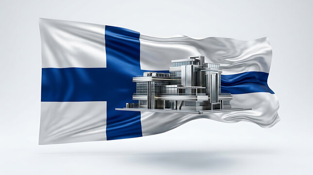 Modern architectural structure depicted on a waving Finnish flag background showcasing innovative design and national pride
